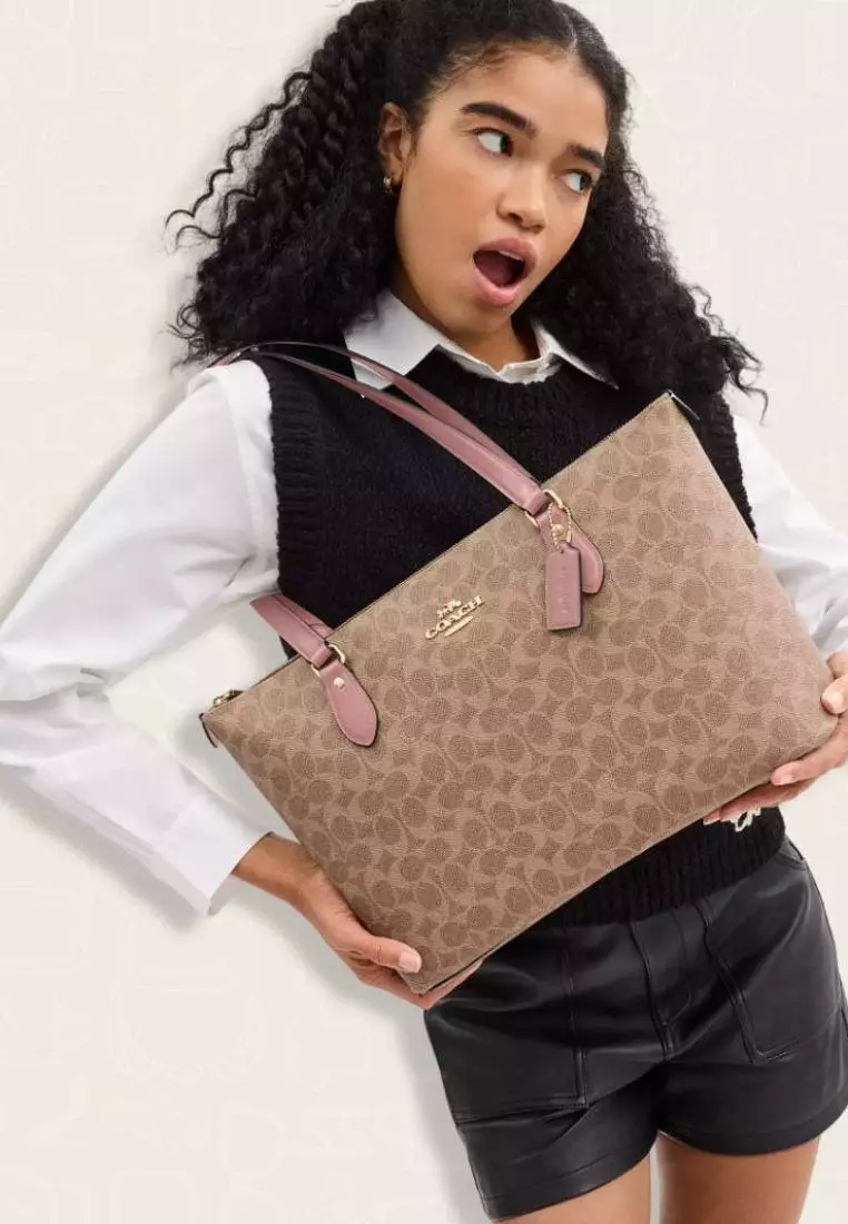 Coach Gallery Tote Bag In Signature Canvas Tan Pink Petal