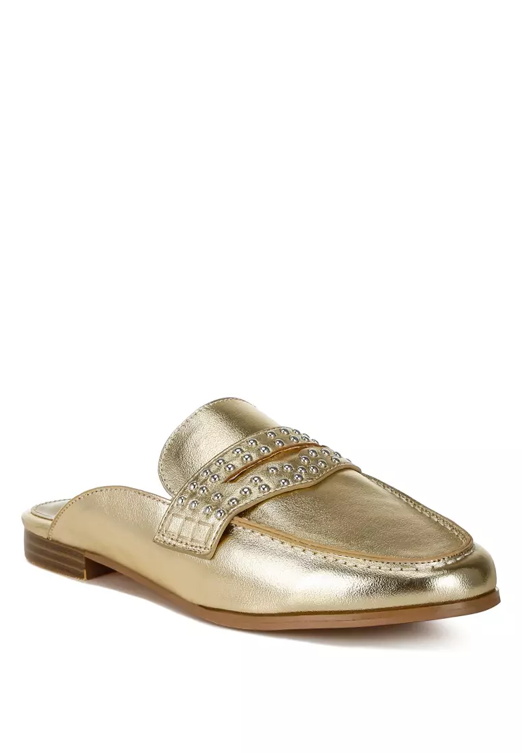 Stud Detail Metallic Pleather Mules in Gold
