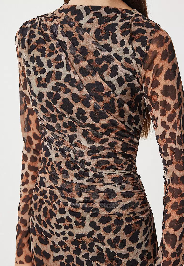 Leopard Patterned Pleated Wrap Tulle Dress