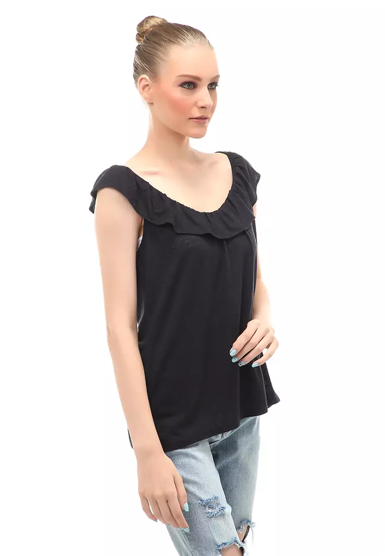Baju Atasan Ruffled Linen Blend Jersey Wanita Relaxed Fit - Black