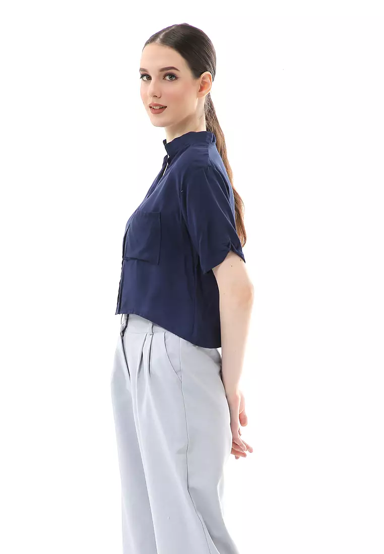 Melinda Kemeja Crop Top Atasan Wanita Motif Polos Relaxed Fit - Navy