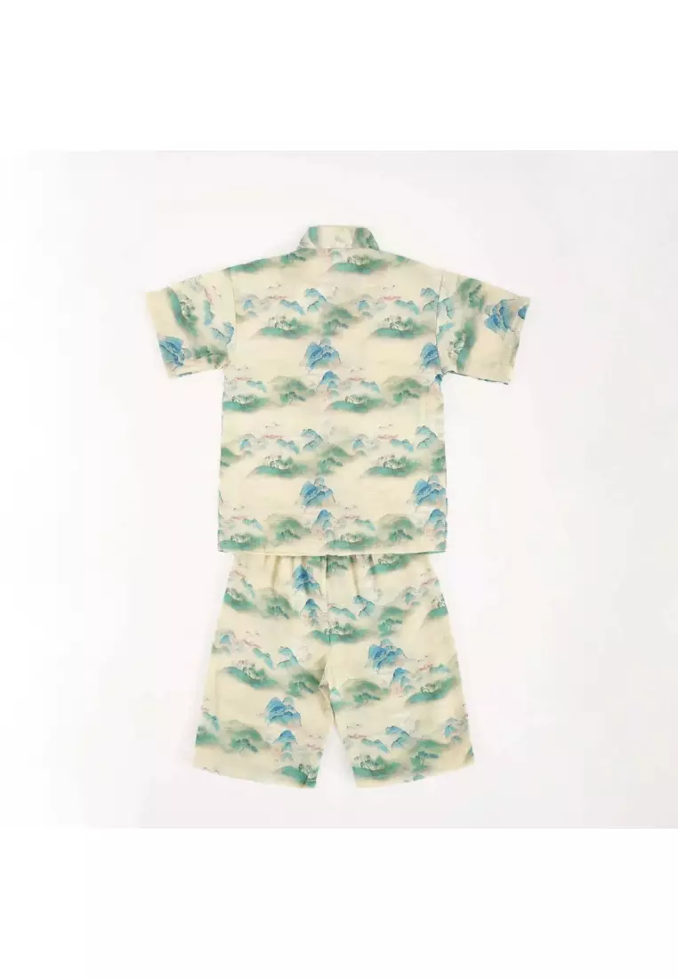 中國山水畫男童唐裝漢服套裝上衣短褲拜年服0836