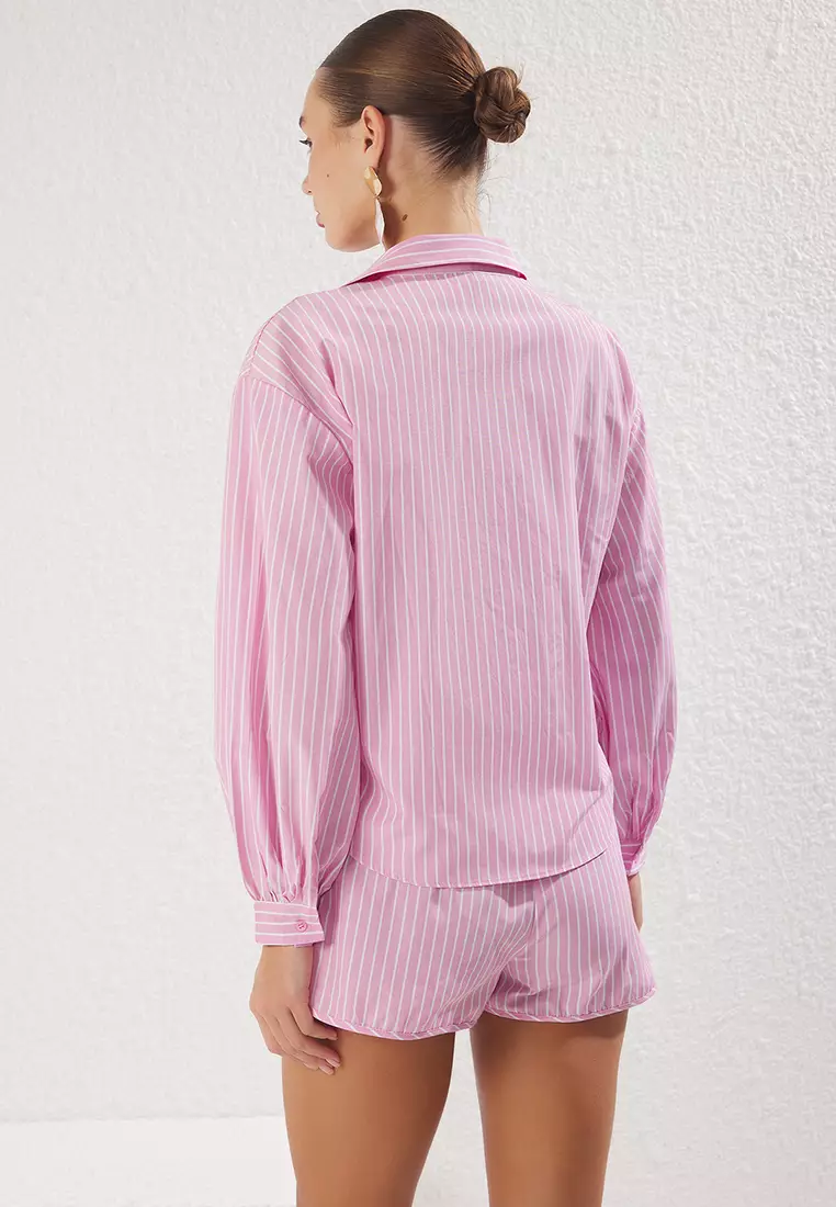 Pink Striped Shirt Shorts Beach Set