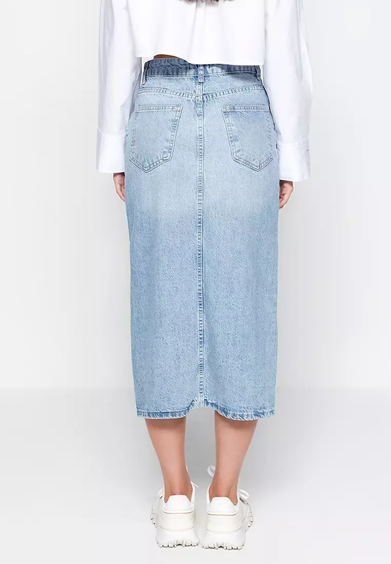 Denim Skirt with Buttons and Slits at the Front