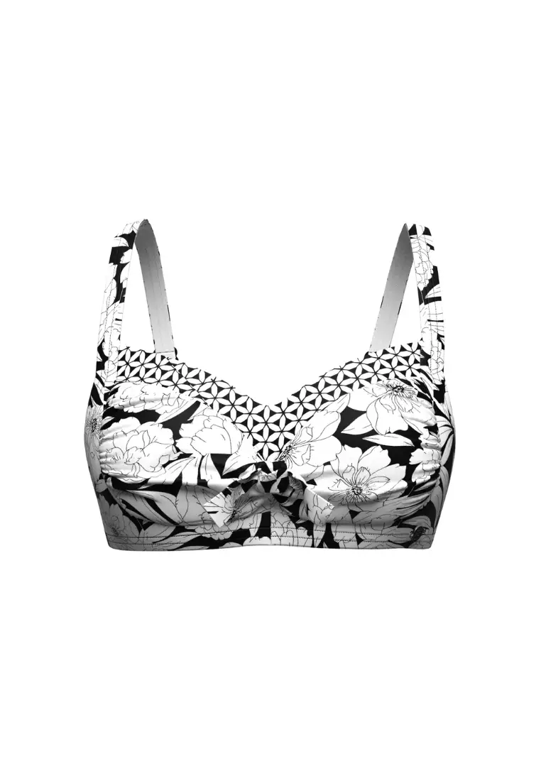 Bold Bloom Black Plus Cup Tie Front Bikini Top