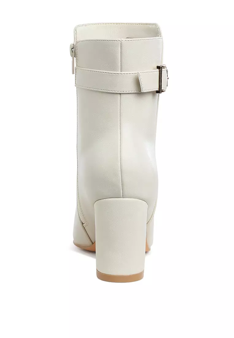 Belt Detail Block Heel Boots in Off White
