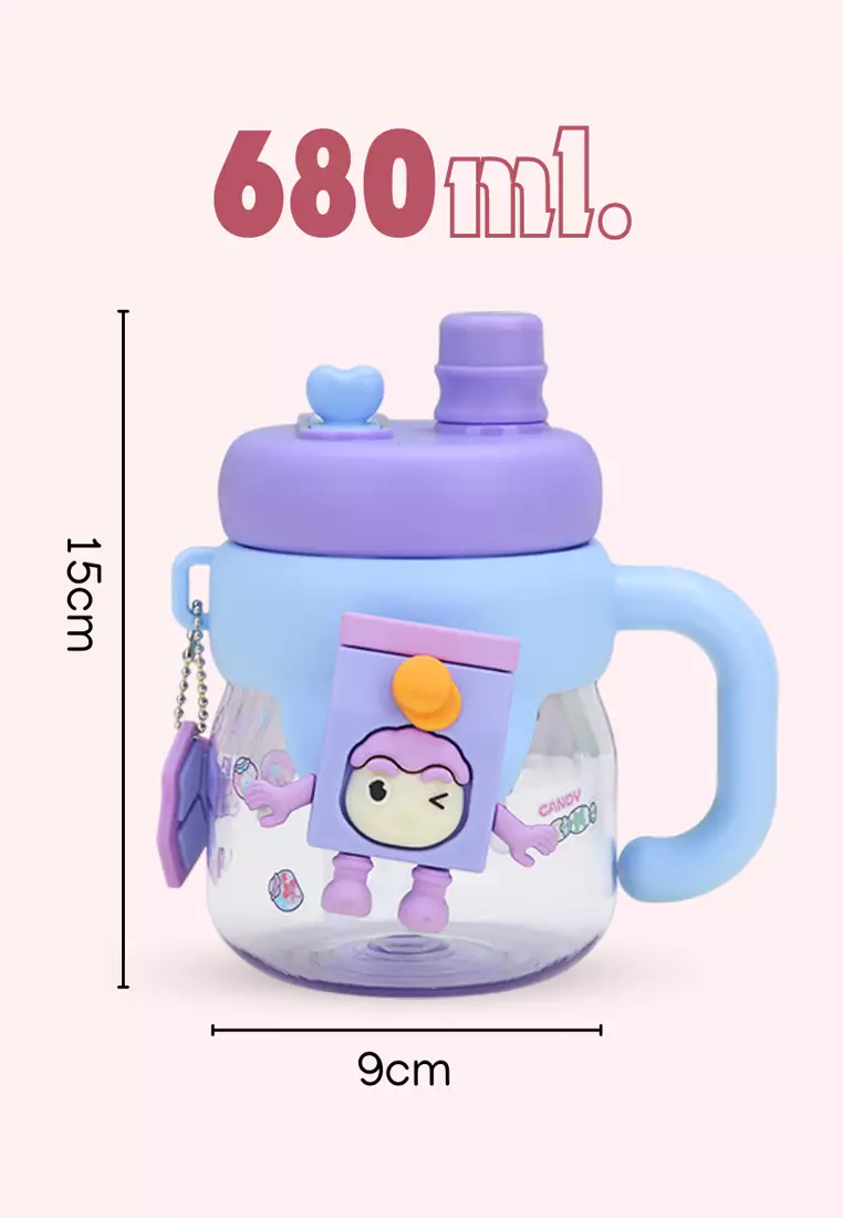 Wakakids Botol Minum Plastik Transparan Bentuk Gelas Gagang Karakter Lucu Charm 2 Cara Minum 680ml K3033 Venrc Hijau