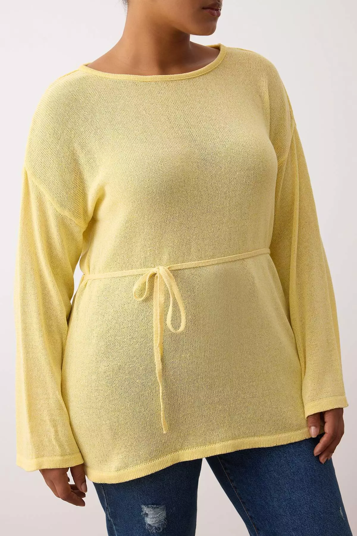 Yellow Boat Neck Waist Belted Slim Knitwear Sweater Tbbaw26An00036