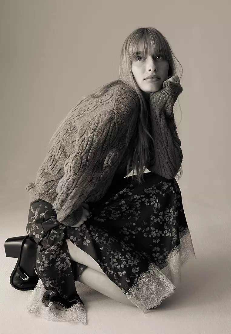 Satin Geometric Lace Detail Midaxi Slip Skirt