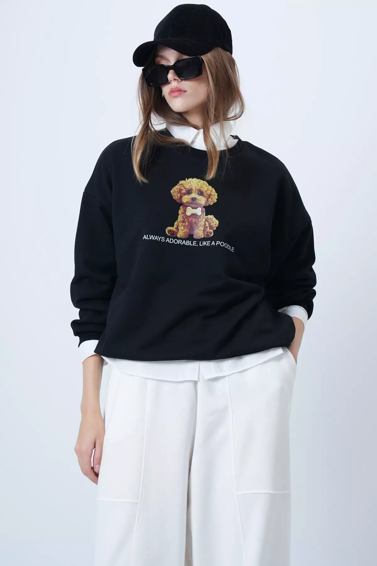 Women'S Black Front Printed Oversize Cotton Sweatshirt Alc-X14651