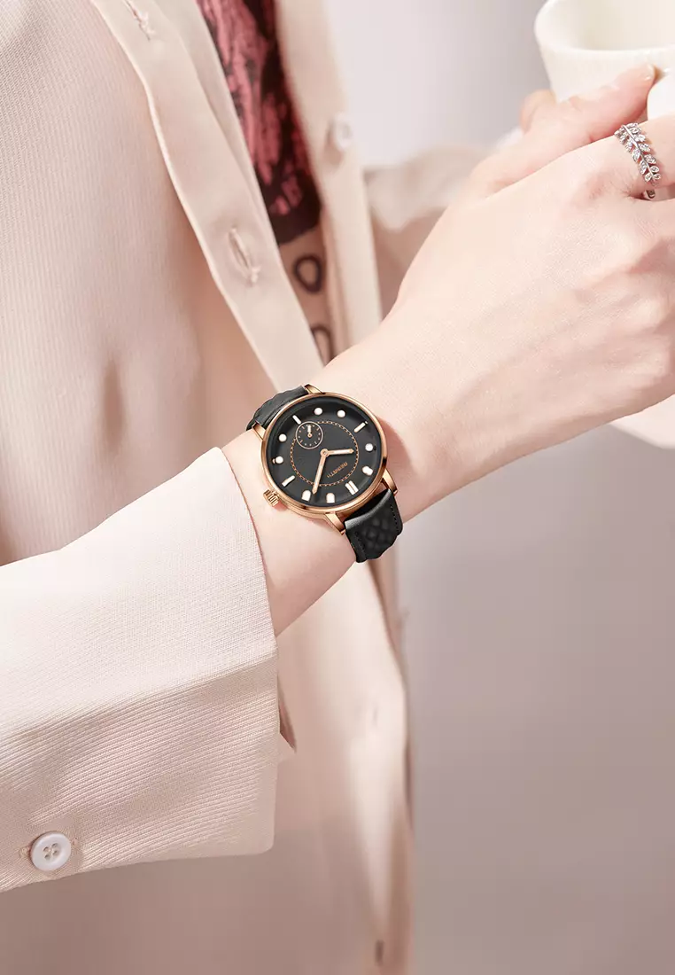 Jam Tangan Wanita Original Anggun Bercahaya Tali Kulit Mode Jam Tangan Cewek allblack