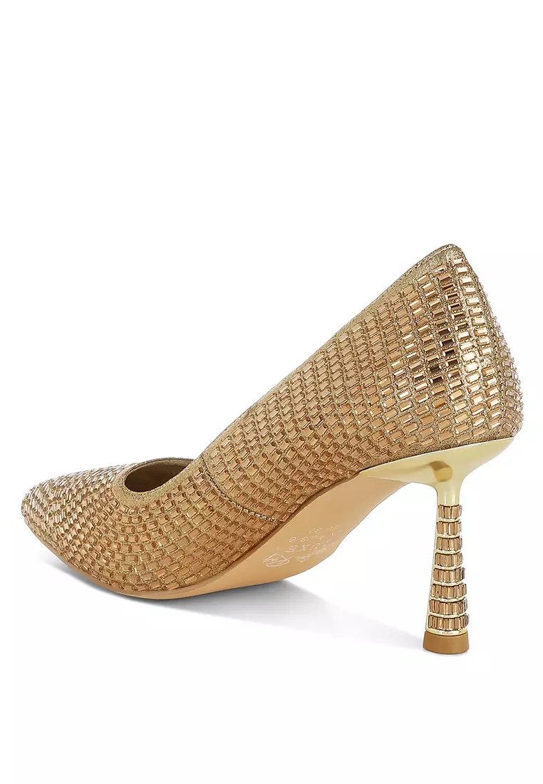 Sepatu Pumps Berhias Berlian Imitasi Warna Emas