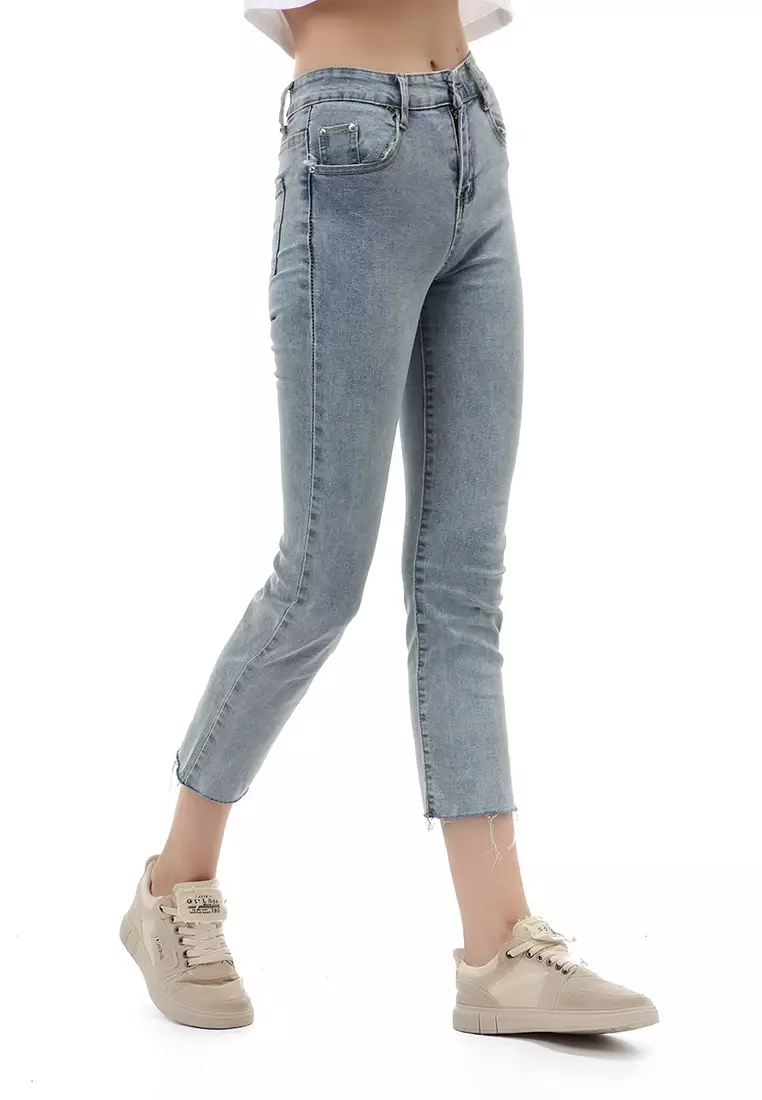 Jourel Long Pants Unfinish Wanita Celana Jeans High Waist Material Denim ORIGINAL - Light Blue