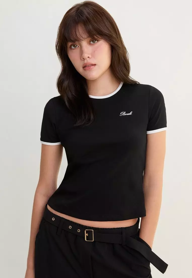 Contrast Trim Fitted Tee - Black