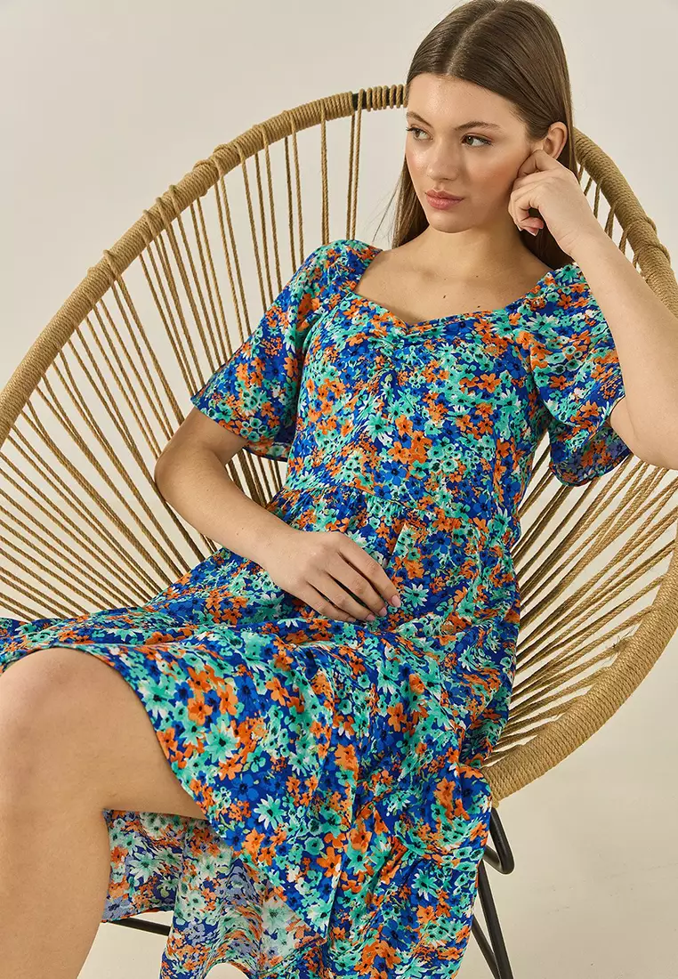 Women's Patterned Carmen Collar Gather Detailed Midi Length Summer Dress 60284046