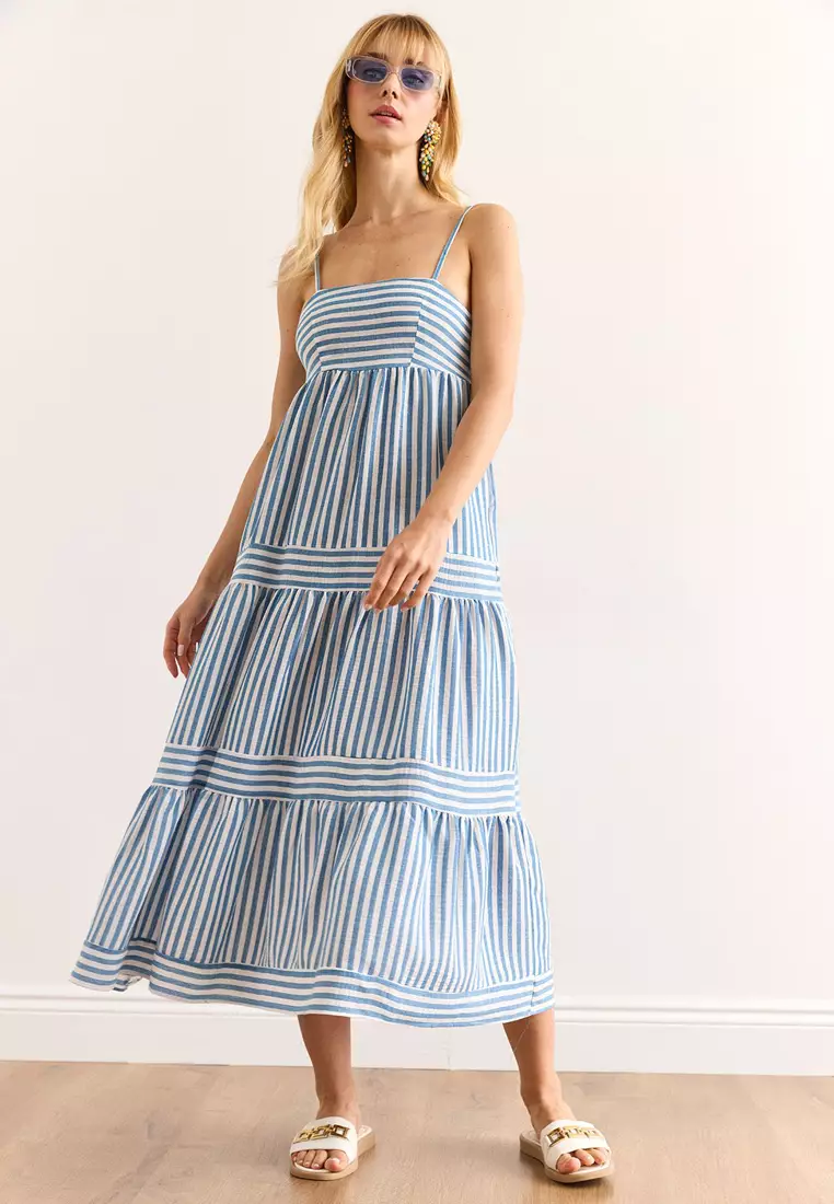 Strap Adjustable Pocket Striped Maxi Dress