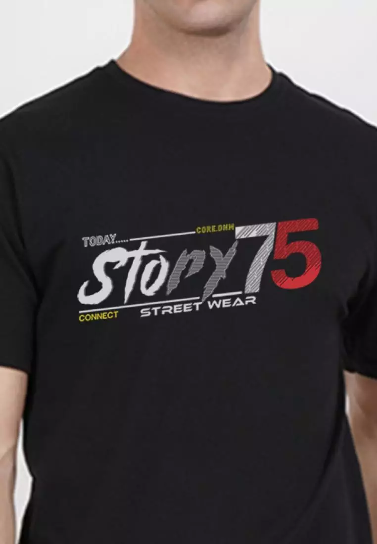 Story75 图案黑色棉质短袖圆领休闲 T 恤