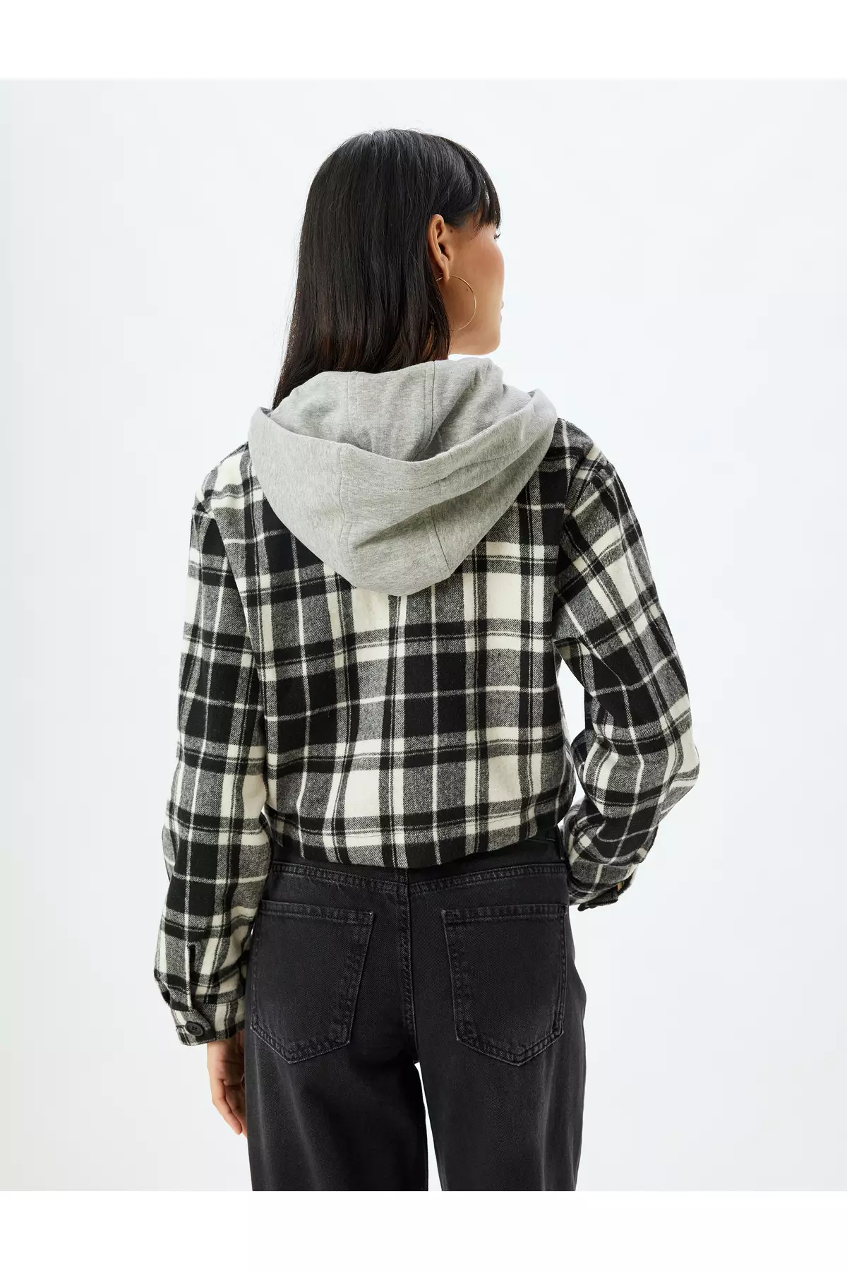 Plaid Crop Cashmere Shirt Jacket Hooded