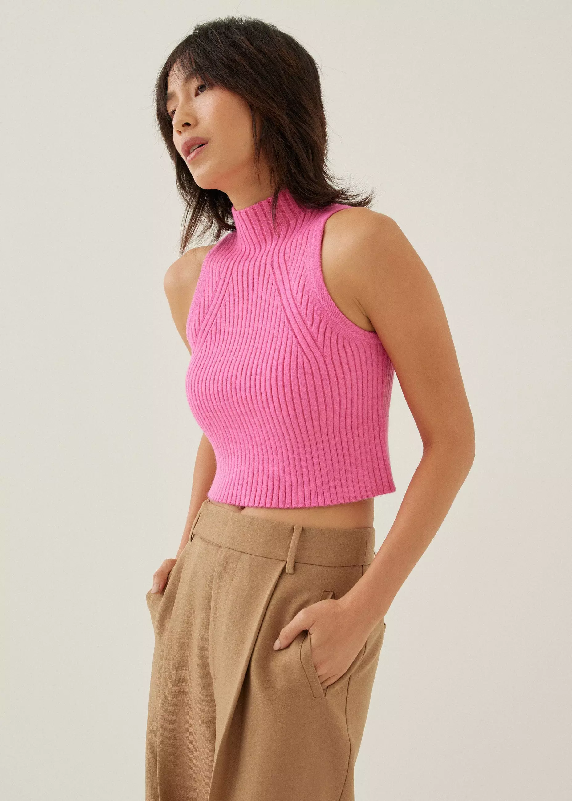 Atasan Wanita - Knit Turtleneck Crop Tank Top