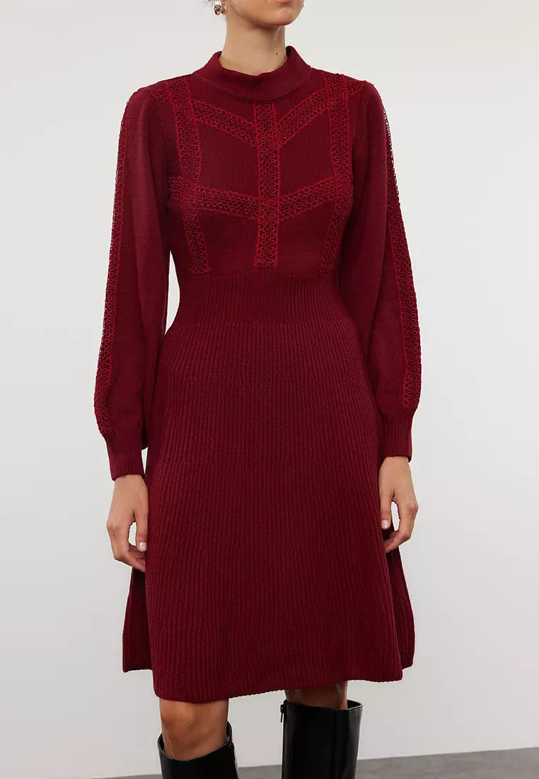 Claret Red Mini Knitwear Lace Dress Twoaw22El0011