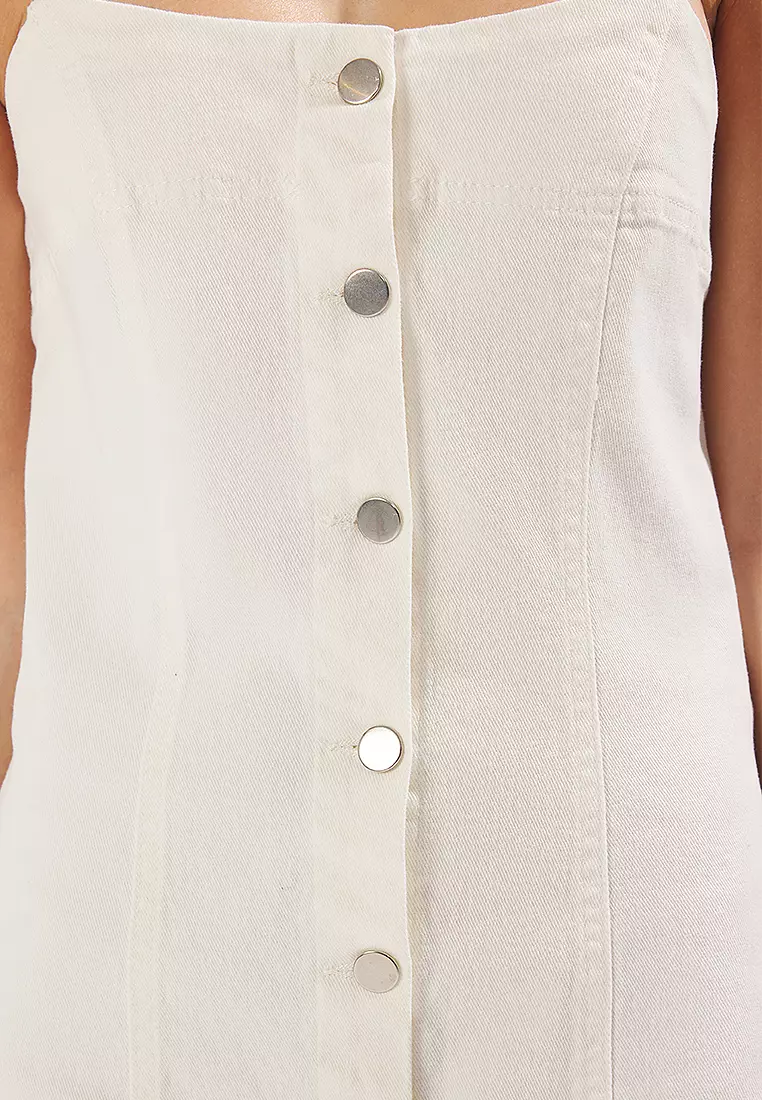 White Front Buttoned Stitch Detail Mini Denim Dress