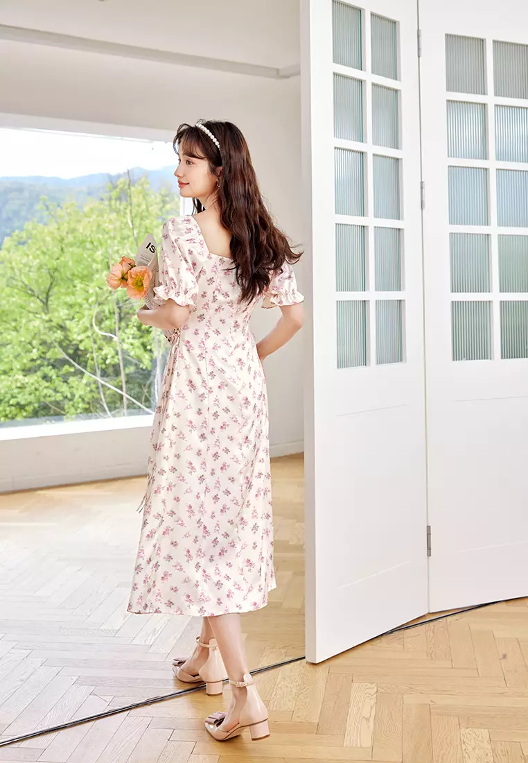 Puff Ruffled Sleeve Floral Midi Dress with Waist Tie