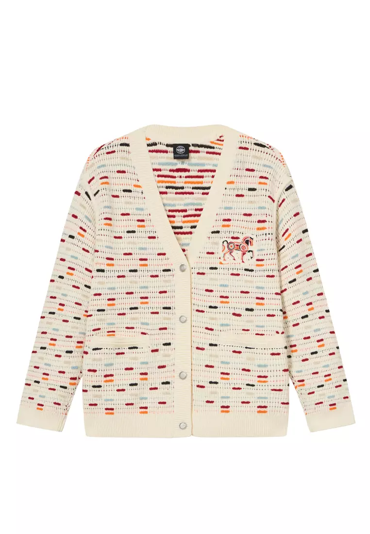 女裝刺繡鳶尾花LOGO 馬年主題拼色開襟毛衣