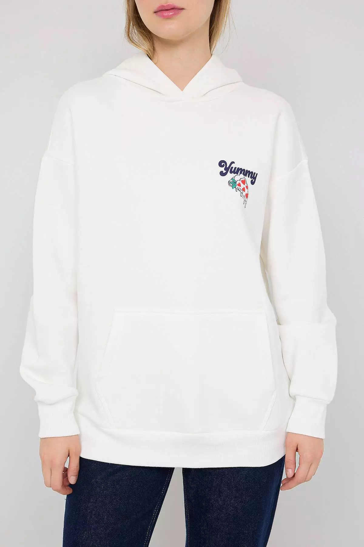 Teen Ecru Back Printed Oversize/Wide Pattern Hooded Knitted Sweatshirt