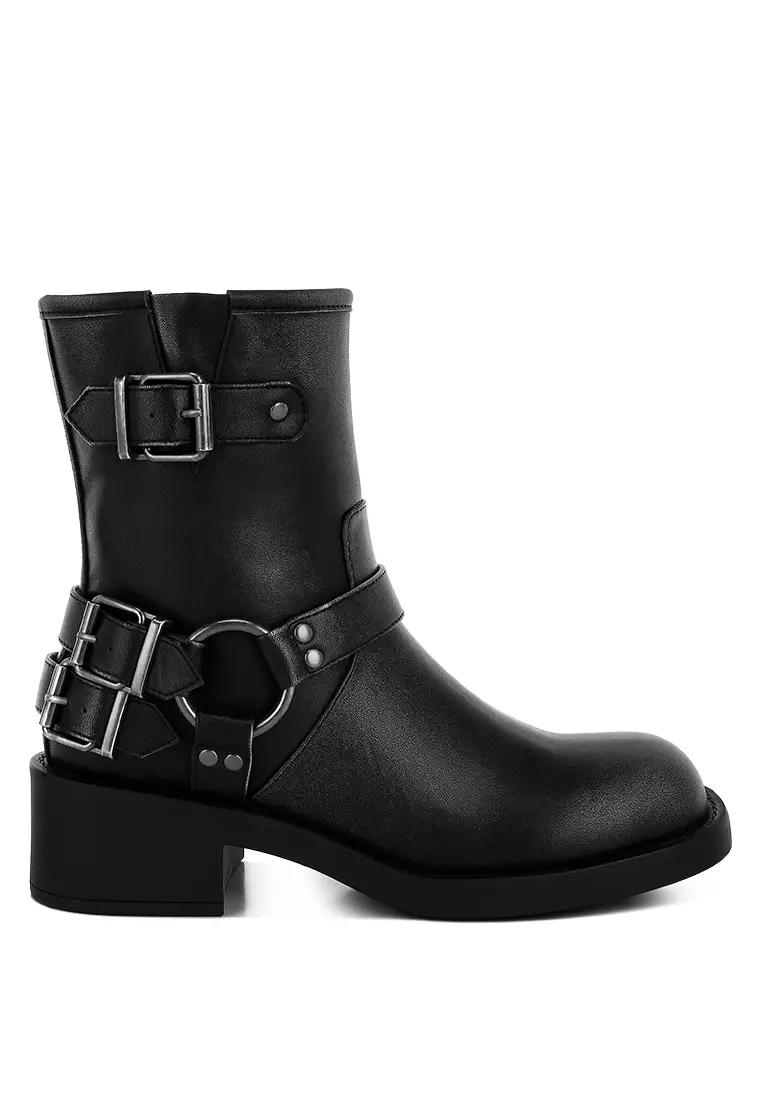 Harness Detail Biker Boots in Black