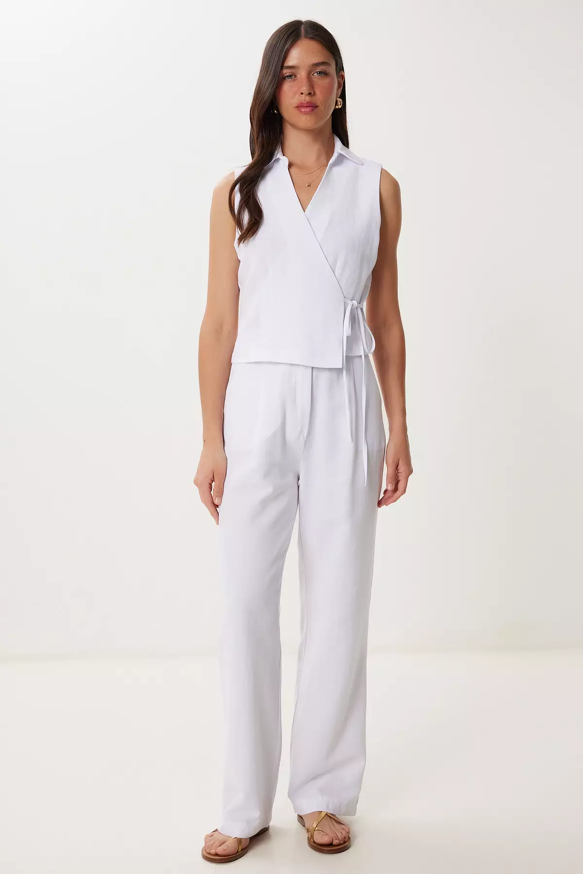 女士白色亞麻西裝連身褲套裝 Bv00127