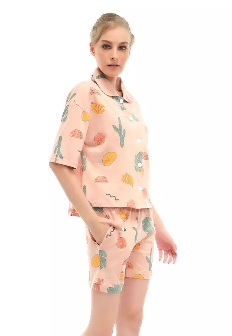 Vance Setelan Piyama Baju Tidur Wanita Celana Pendek Hotpant Motif Cactus Material Spandex ORIGINAL - Pink