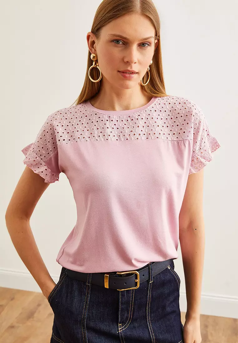 Women's Dried Rose Top Scallop Sleeve Flounce T-Shirt BLZ-19000979