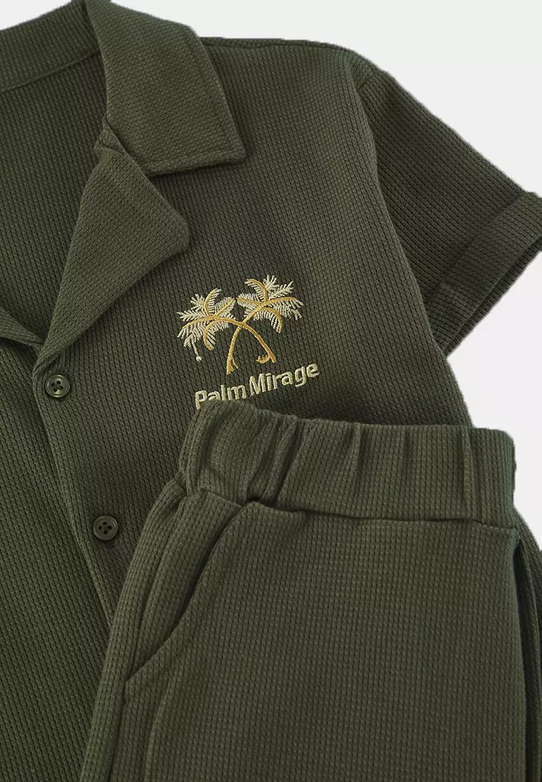 Khaki Boy 100% Cotton Embroidered Shirt-Shorts Textured Knitted Bottom-Top Set Tkdss25Au00119