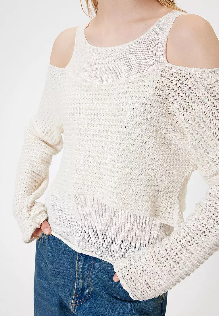 Crochet Textured Window Detail Crew Neck Comfortable Fit Sweater