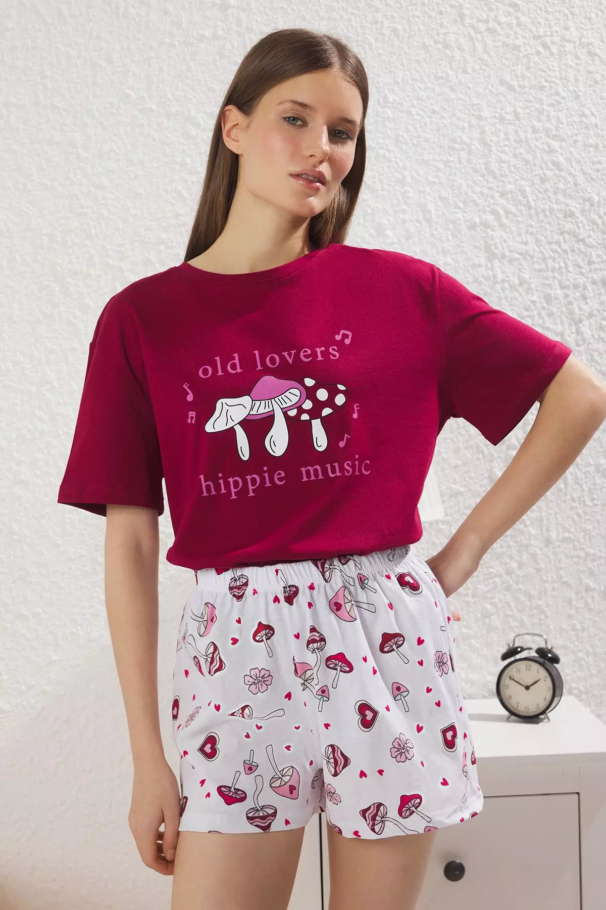 Jual Trendyol Claret Red 100% Cotton Fun Patterned Shorts Knitted