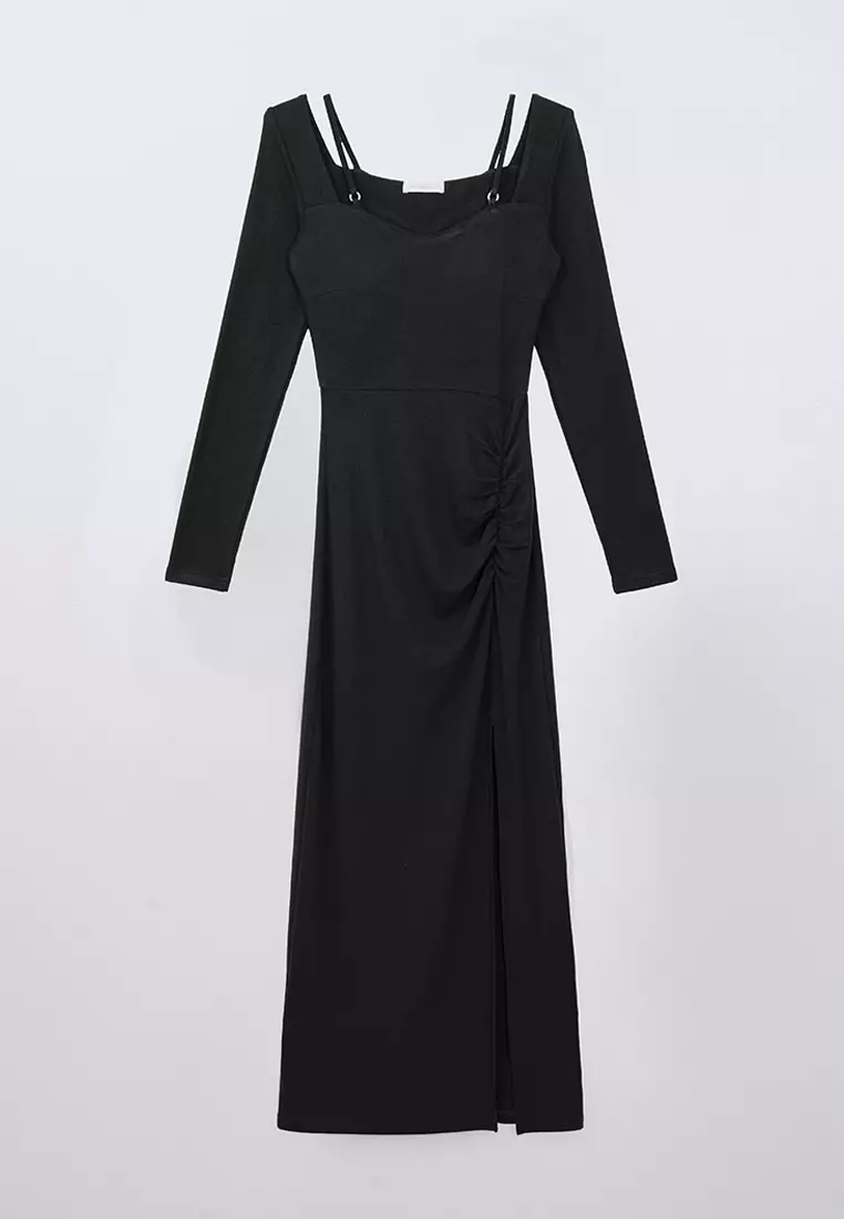 Square Neck Long Sleeves Midi Dress