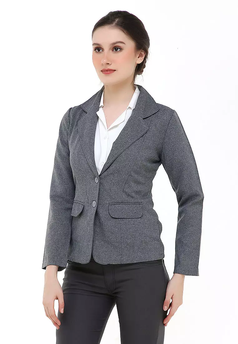 Qemsya Jas Blazer Wanita Korean Style Formal Longsleeve Suit Material Polyester ORIGINAL - Gray