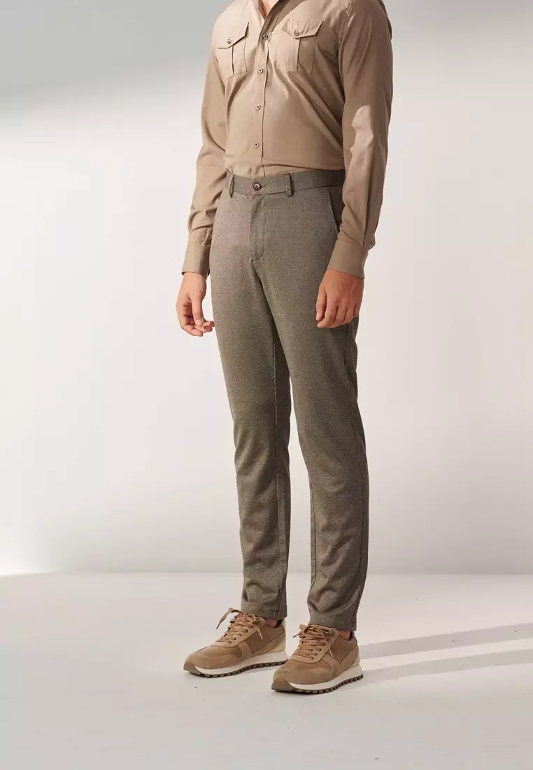 Hazelnut Brown Houndstooth Slim Stretch Jersey Trousers