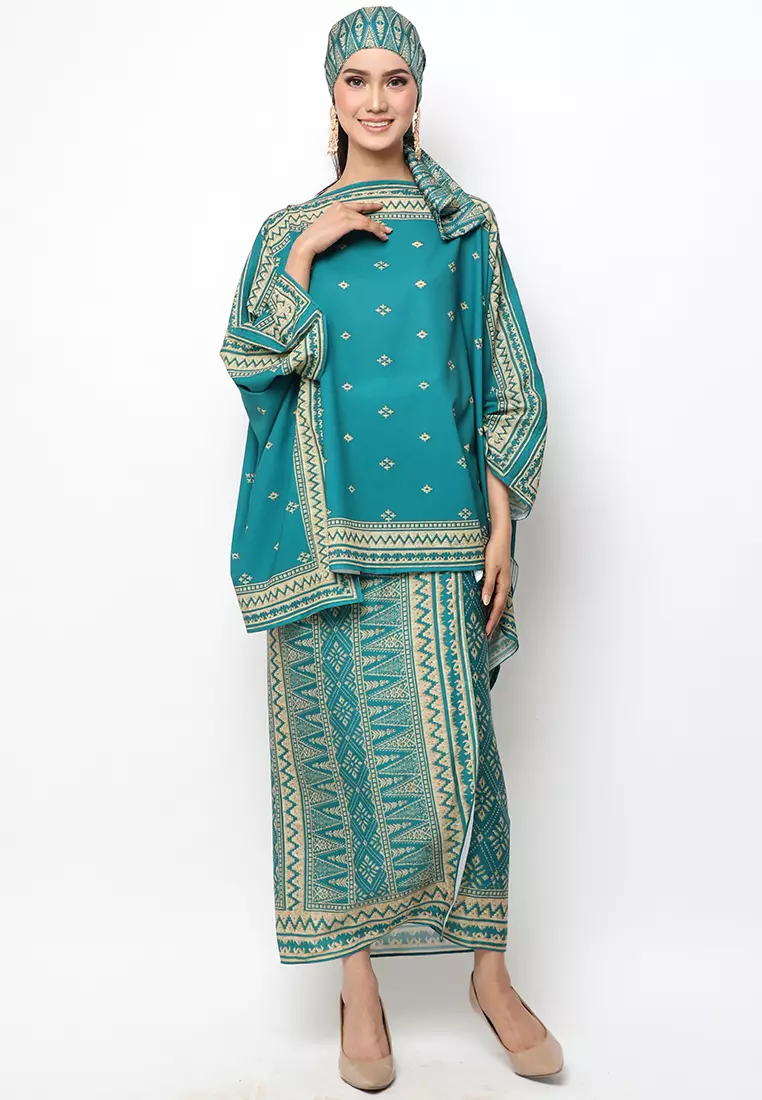 Kanzi Collection Songket R-Neck Teal Green Sarong Set