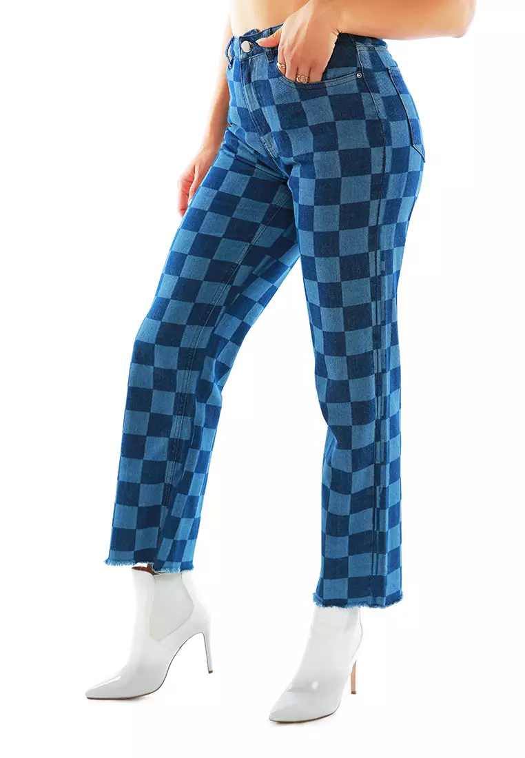 Blue Wide Leg Checkered Jeans Pants