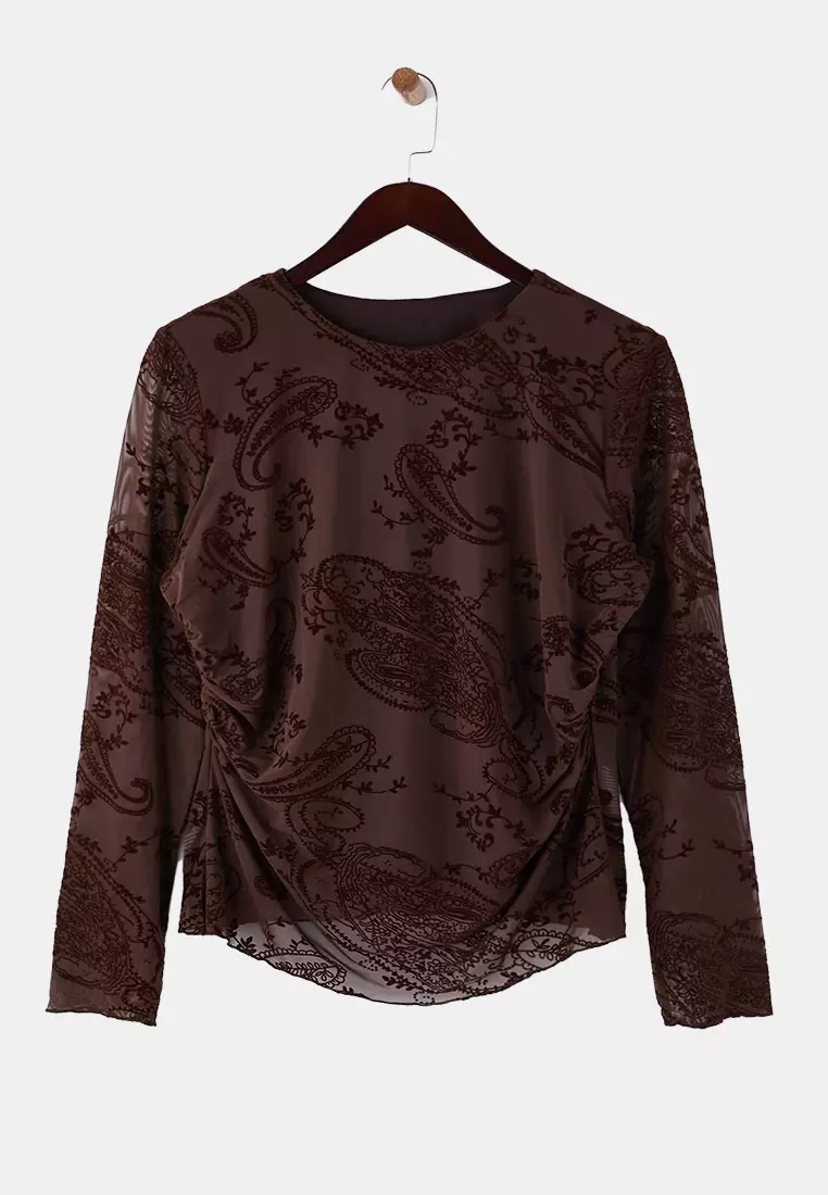 Brown Fitted/Fitted To The Body Flock Printed Tulle Long Sleeve Boat Neck Knitted Tbbaw26Af00130