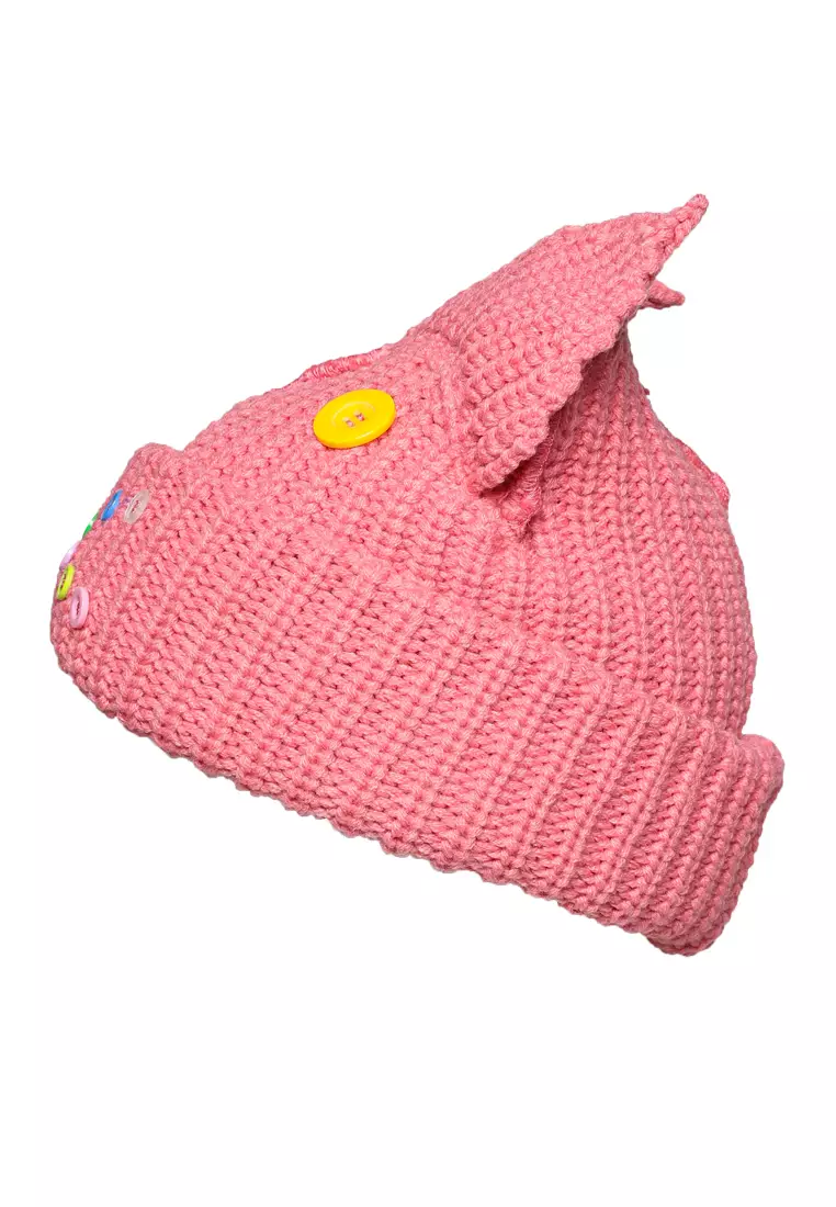 Beanie Telinga Hewan Kancing Warna Pink