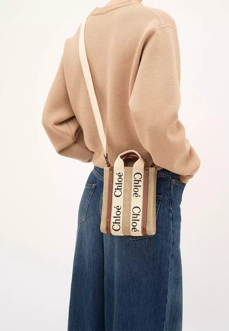 Mini Woody North South Tote Bag in White/Brown