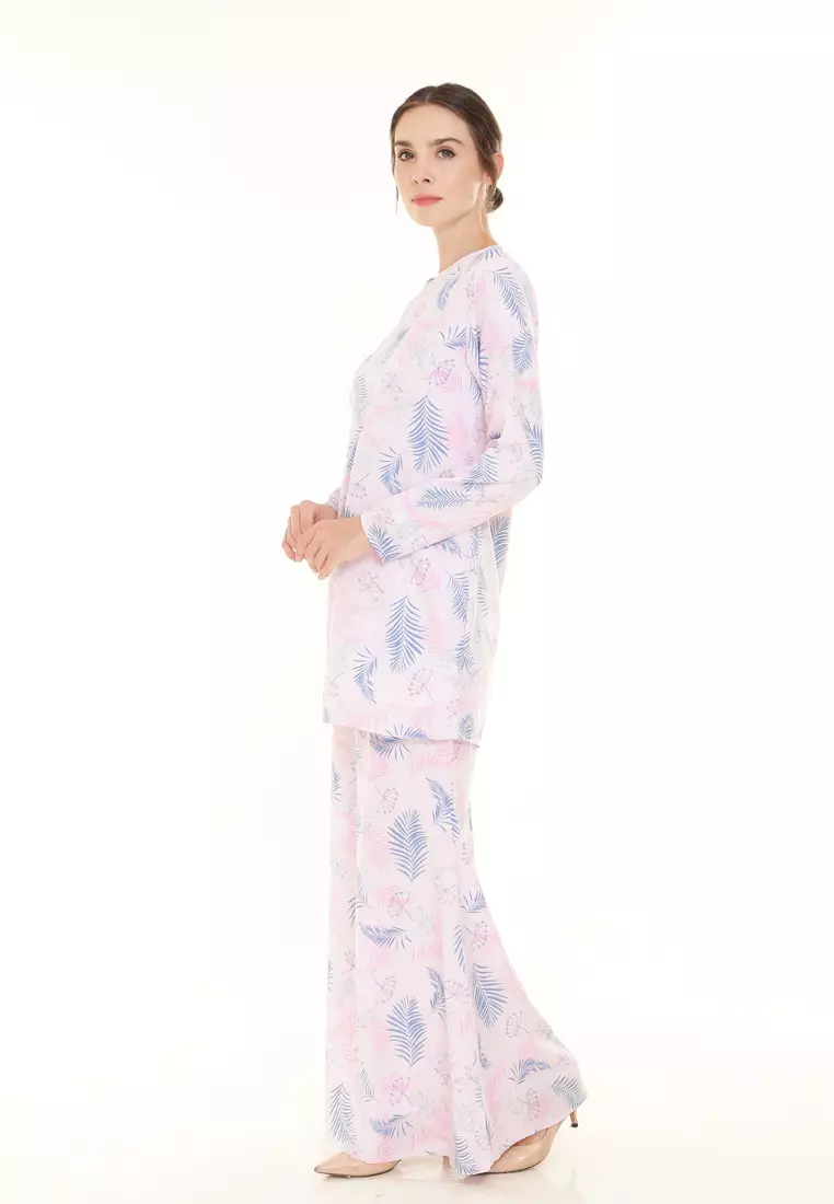 Rina Printed Kurung in Pink Lilac Leaf