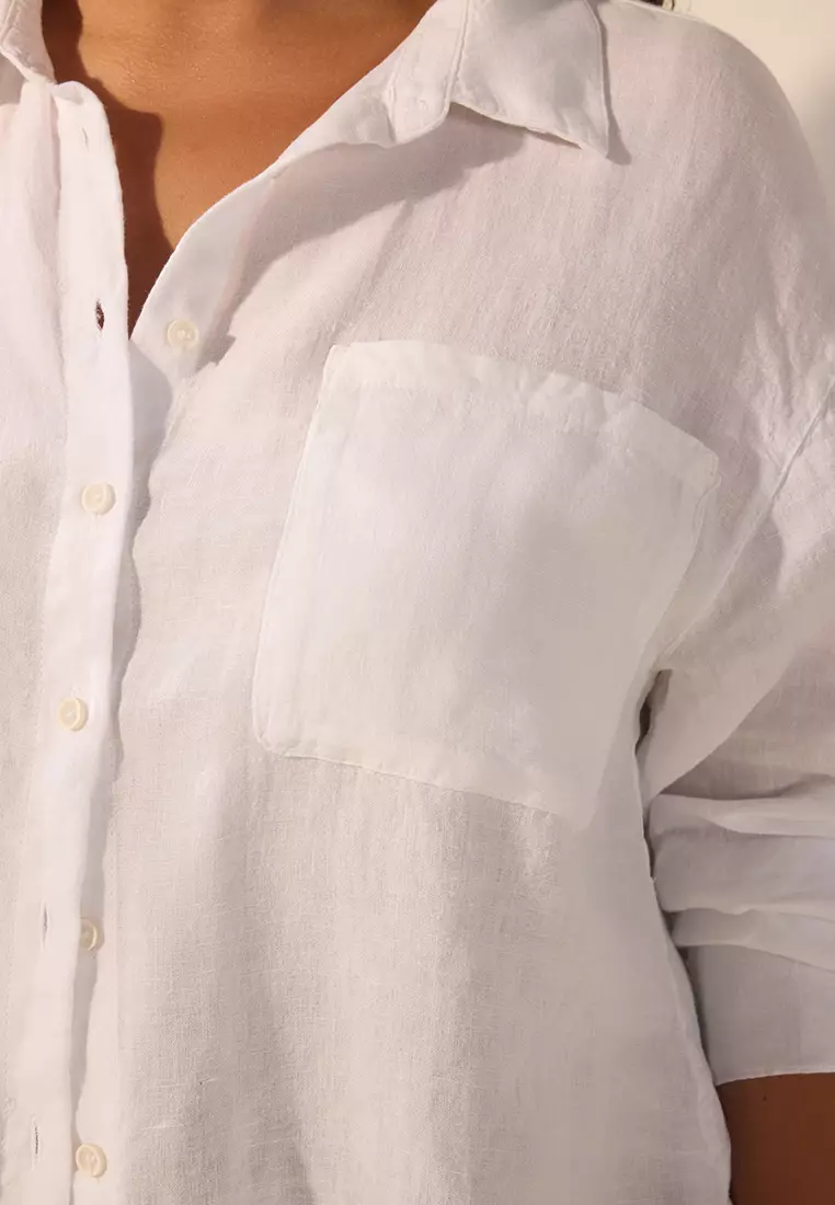 White 100% Linen Summer Large Size Shirt Tbbss25Ax00021