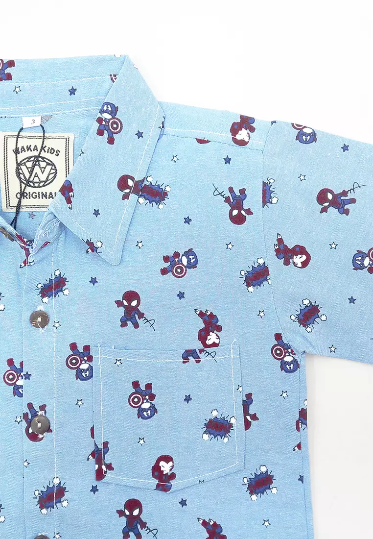 Kemeja Anak Laki Laki Lengan Pendek Katun Motif Superhero Collar Shirt 4438 Vensk Biru
