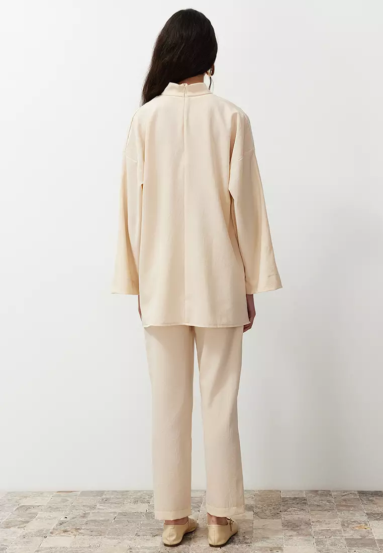 Modest Mock Neck Blouse With Elastic Pants Set