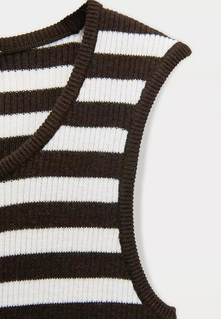 Striped Scoop Neck Knit Tank Top - Brown