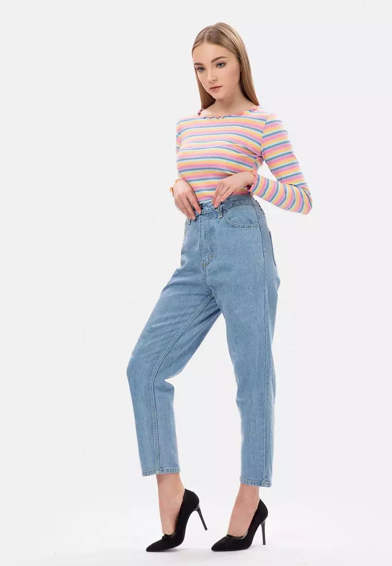 MKY New Boyfriend Jeans with Elastic Waist in Light Blue