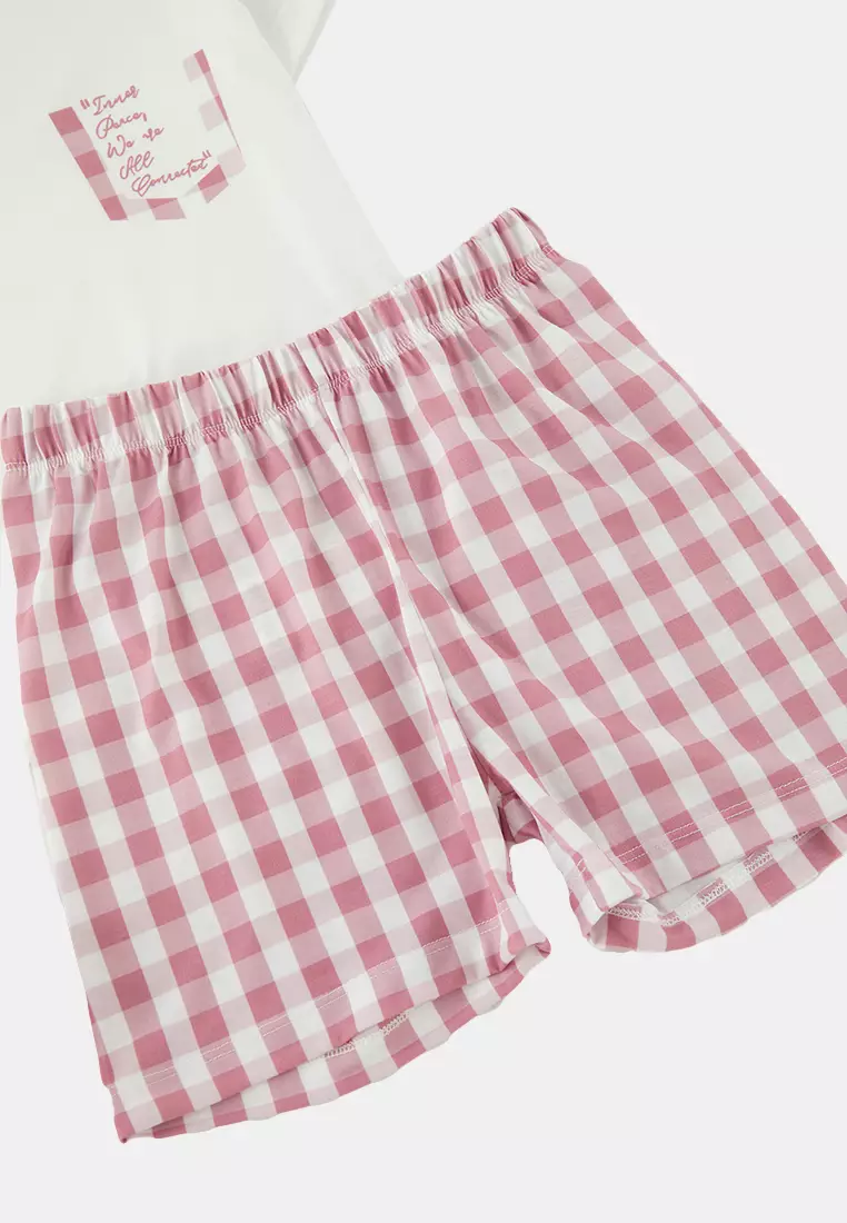 Ecru Girl's Plaid Short Sleeve Shorts Knitted Pajama Set Tkdss25Pt00034